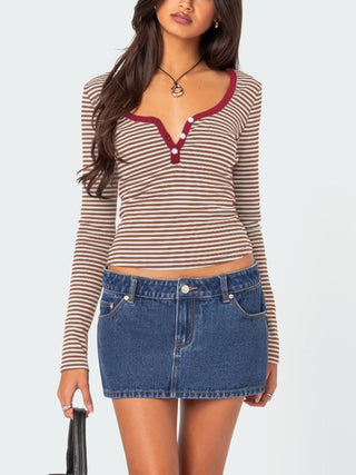 Hot Girl Striped Henley Long Sleeve T-Shirt