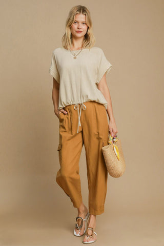 Hot Girk X Umgee Drawstring Hem Linen Short Sleeve T-Shirt In Oatmeal