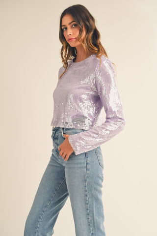 Hot Girl MABLE Shoulder Padded Sequin Long Sleeve Crop Top In Lavender