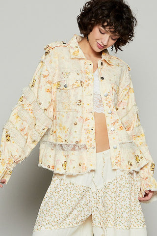 Hot Girl Raw Hem Lace Patch Flounce Sleeve Floral Shacket