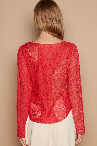 Hot Girl Exposed Seam Long Sleeve Lace Knit Top In Red - Hot Girl Apparel