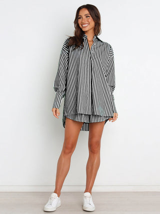 Hot Girl Striped Button Up Shoulder Shirt and Shorts Two Piece Set