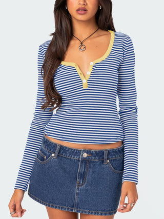 Hot Girl Striped Henley Long Sleeve T-Shirt