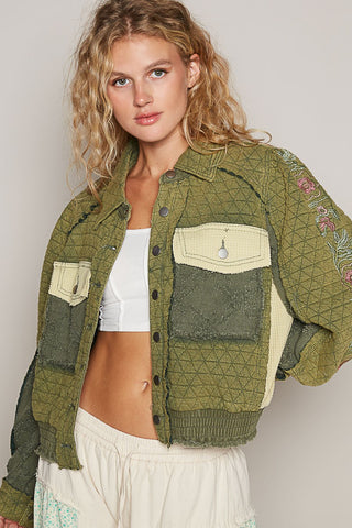 Hot Girl Embroidered Sleeve Raw Edge Quilted Jacket In Olive