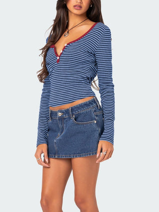 Hot Girl Striped Henley Long Sleeve T-Shirt