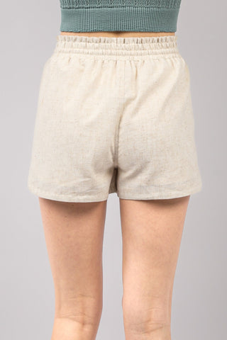 Hot Girl Drawstring Elastic Waist Linen Shorts In Oatmeal