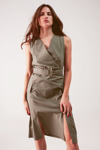 Hot Girl Tie Waist Wrap Cargo Midi Dress In Deep Khaki