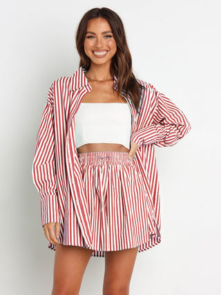 Hot Girl Striped Button Up Shoulder Shirt and Shorts Two Piece Set