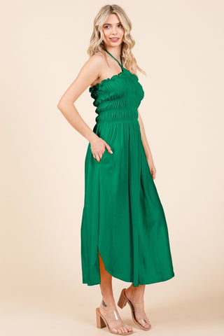 Hot Girl Culture Code Shirring Halter Midi Dress with Pockets In Green