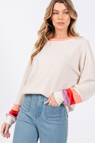 Hot Girl SAGE + FIG Color Block Waffle Knit Long Sleeve T-Shirt In Cream