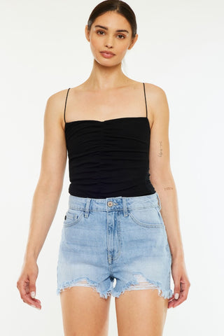 Hot Girl X Kancan Raw Hem Distressed High Waist Denim Shorts In Light Wash