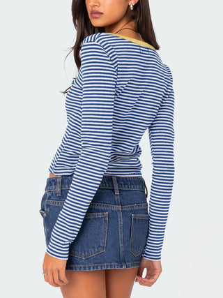 Hot Girl Striped Henley Long Sleeve T-Shirt