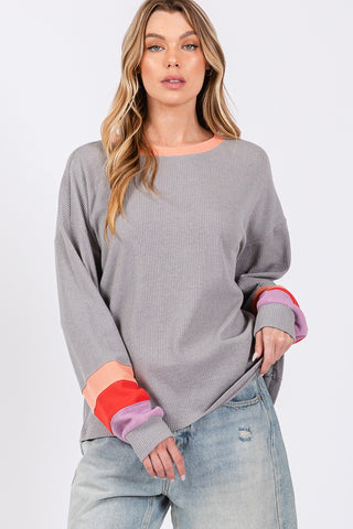 Hot Girl SAGE + FIG Color Block Waffle Knit Long Sleeve T-Shirt In Grey