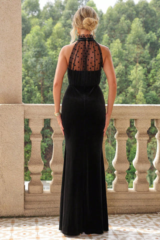 Hot Girl Velour Polka Dot Lace Detail Mock Neck Maxi Dress In Black - Hot Girl Apparel