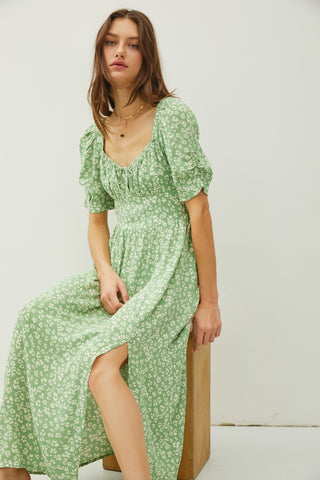 Hot Girl Be Cool Floral Smocked Back Slit Dress In Green