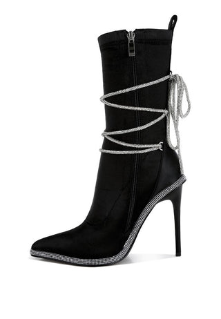 Hot Girl X London Rag Dacia Rhinestone Strap Satin Calf Boots