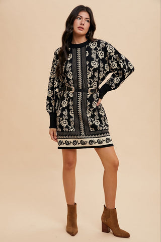 Hot Girl Annie Wear Floral Jacquard Sweater Dress In Black