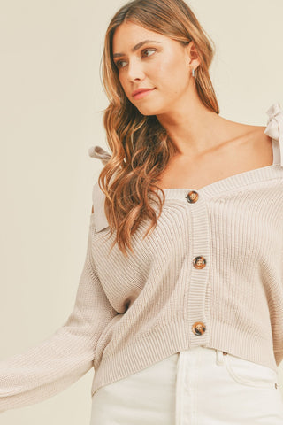 Hot Girl MABLE Off Shoulder Self Tie Strap Button Down Sweater