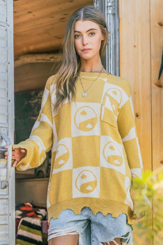 Hot Girl And The Why Checkerboard Yin Yang Sweater In Mustard