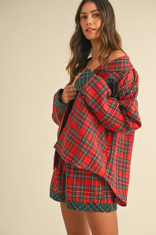 Hot Girl Annie Wear Contrast Plaid Long Sleeve Top and Short Lounge Set