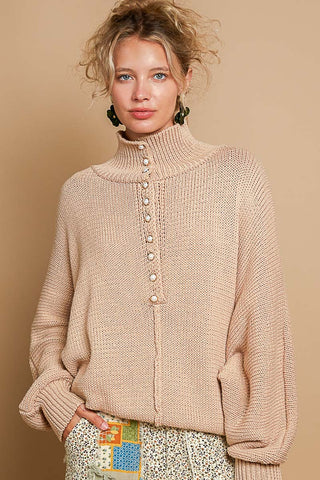 Hot Girl Pearl Detail Turtleneck Sleeve Sweater In Beige