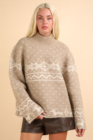 Hot Girl VERY J Christmas Fair Isle Mock Neck Sweater In Latte