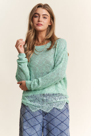 Hot Girl J.NNA Lace Detail Long Sleeve Knit Top