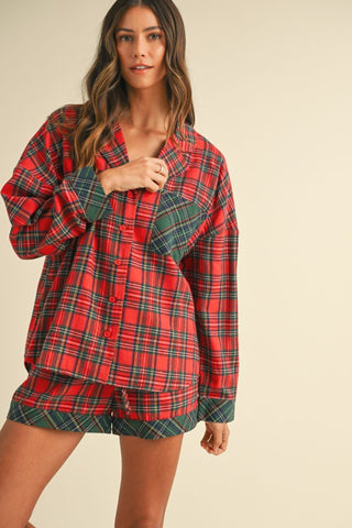 Hot Girl Annie Wear Contrast Plaid Long Sleeve Top and Short Lounge Set