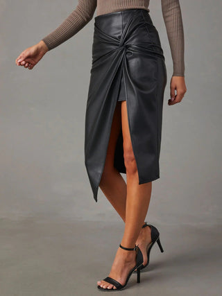 Hot Girl Twist Detail High Waist Vegan Leather Midi Skirt