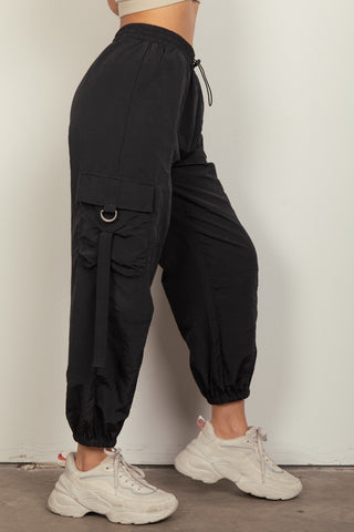 Hot Girl Elastic Waist Woven Cargo Pants In Black