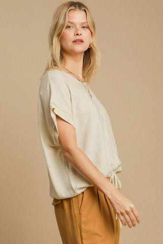 Hot Girk X Umgee Drawstring Hem Linen Short Sleeve T-Shirt In Oatmeal