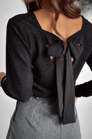 Hot Girl Bow Tied Shimmer Long Sleeve Blouse In Black