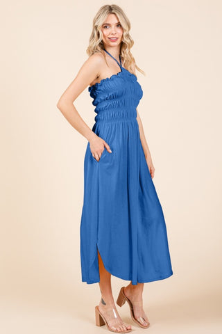 Hot Girl Culture Code Shirring Halter Midi Dress with Pockets In Blue