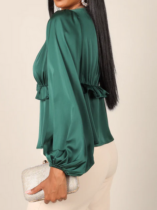 Hot Girl V-Neck Lantern Sleeve Peplum Long Sleeve Blouse In Emerald