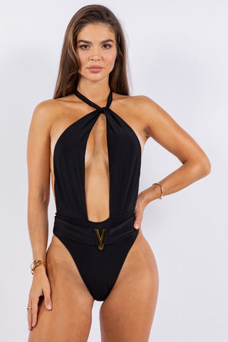 Hot Girl Deep Plunge V-Belted One Piece Swimsuit