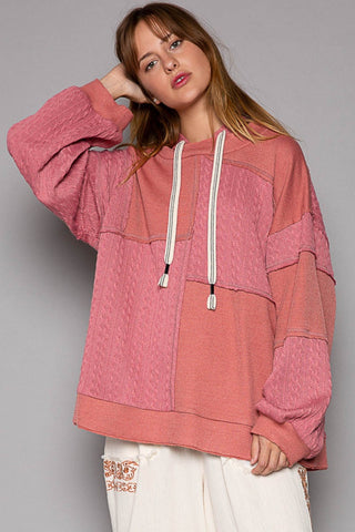 Hot Girl Exposed Seam Knit Hoodie In Coral Red