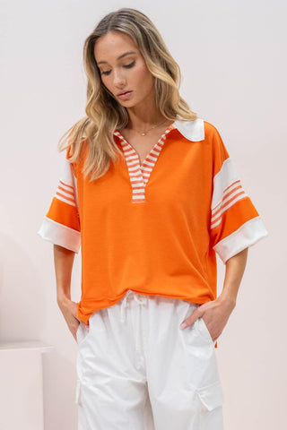 Hot Girl Hailey & Co Full Size Contrast Stripe Polo Shirt In Orange - Hot Girl Apparel