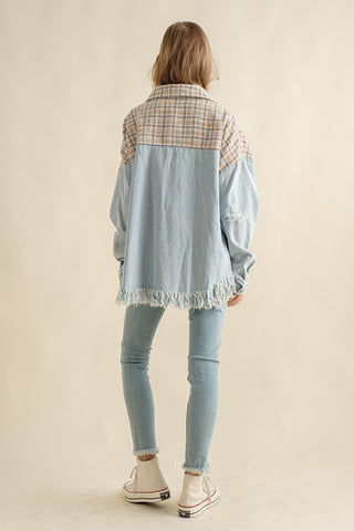 Hot Girl Tweed Mixed Denim Raw Hem Shacket