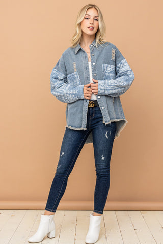 Hot Girl And The Why Paisley Quilted Sleeves Denim Shacket