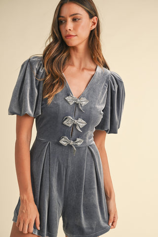 Hot Girl MABLE Jewel Bow Puff Sleeve Velvet Romper In Dusty Blue