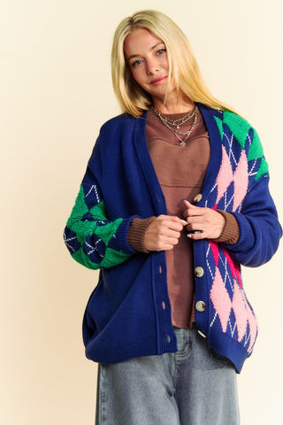 Hot Girl Davi & Dani Argyle V-Neck Color Pop Cardigan In Navy