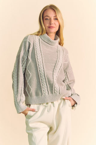 Hot Girl X Davi & Dani Cable-Knit Turtleneck Sweater In Grey