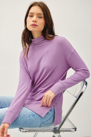 Hot Girl Be Cool Side Slit Mock Neck Long Sleeve Tunic Top In Lavender