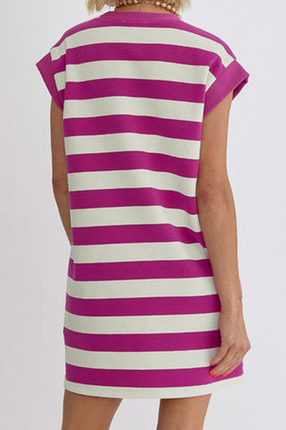 Hot Girl Magenta Striped Cap Sleeve Dress With Pockets - Hot Girl Apparel