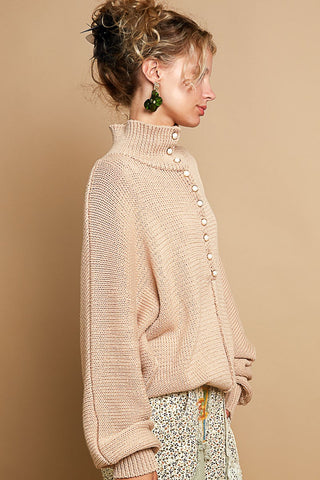 Hot Girl Pearl Detail Turtleneck Sleeve Sweater In Beige