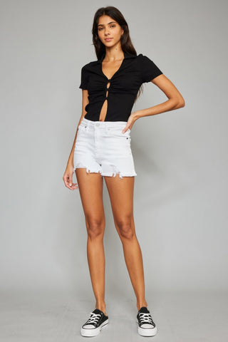 Hot Girl X Kancan High Rise Frayed Hem Denim Shorts In White - Hot Girl Apparel