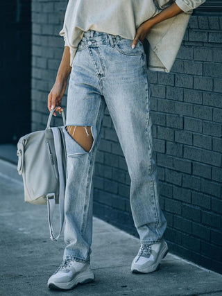 Hot Girl Distressed Asymmetric Waist Jeans