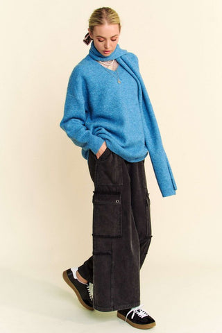 Hot Girl X Davi & Dani V-Neck Dropped Shoulder Sweater With Scarf In Cerulean Blue