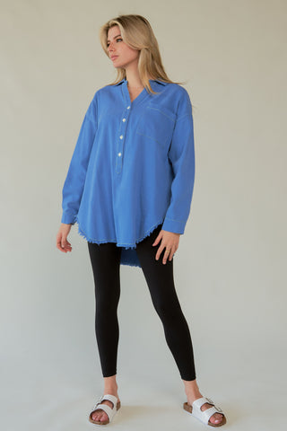 Hot Girl X Davi & Dani Amor Raw Hem Half Button Long Sleeve Shirt