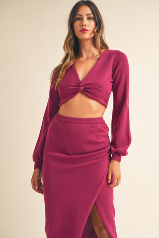 Hot Girl MABLE Front Twisted Knit Top and Midi Skirt Set In Magenta